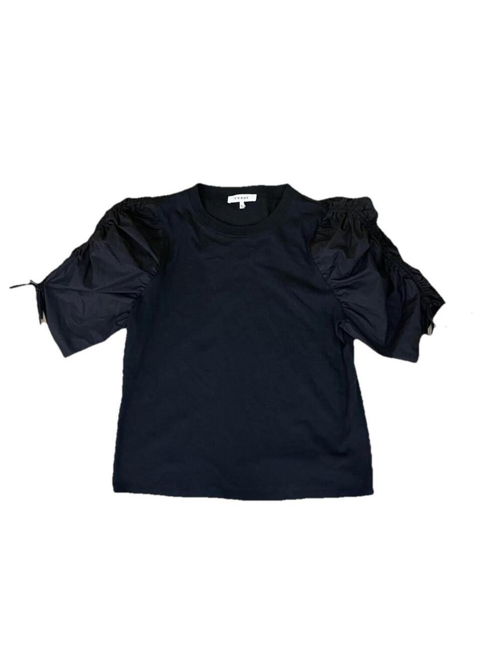 FRAME Ruched Sleeve Black Organic Cotton T-shirt Size L H97